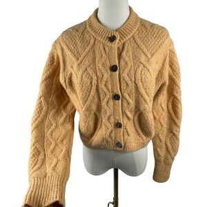 Zara Cardigan Women M Peach Heart Cable Knit Bejeweled Button Sweater V Neck Top